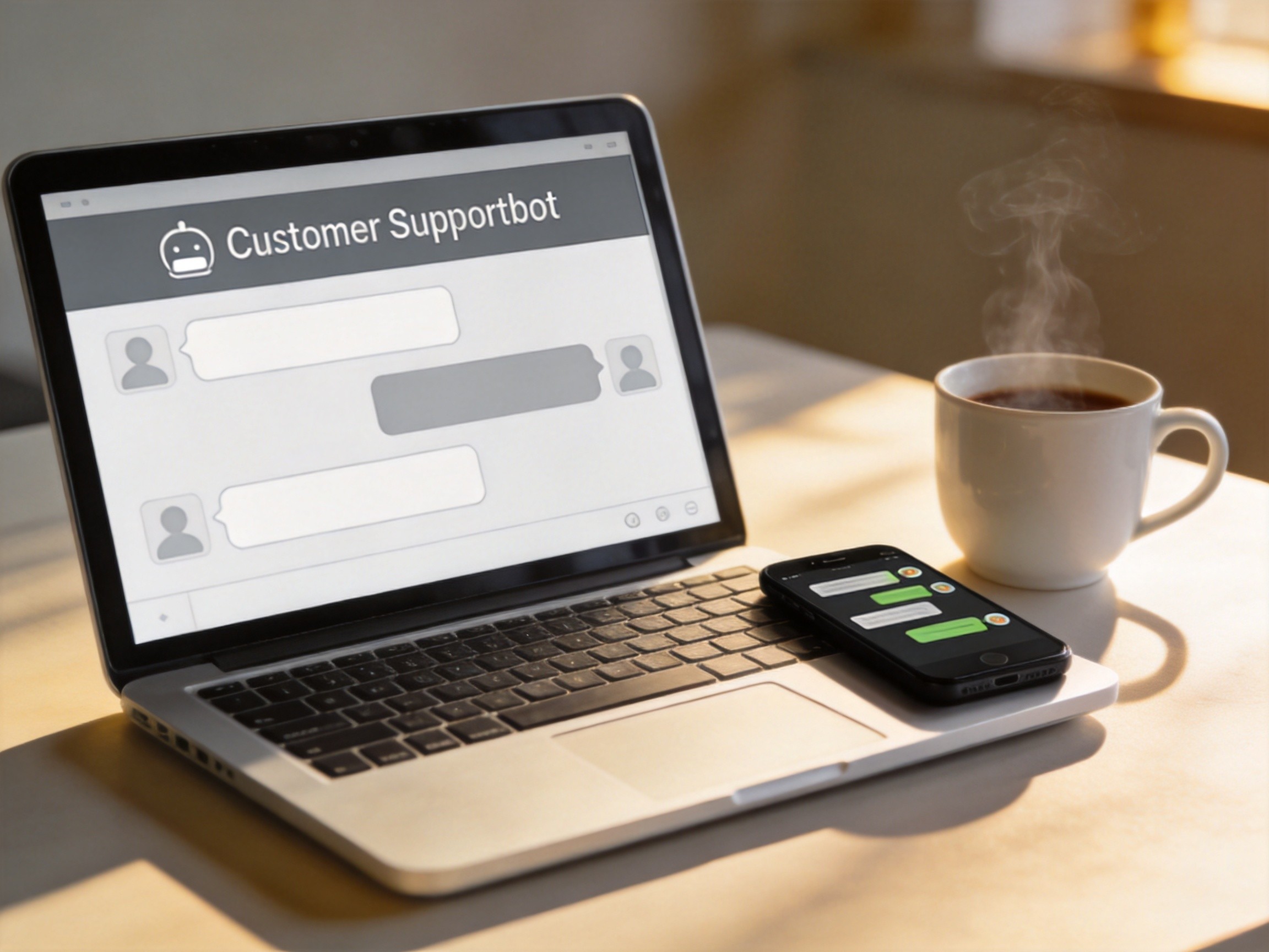 Laptop showing AI chatbot customer support interface on desk with coffee and phone
