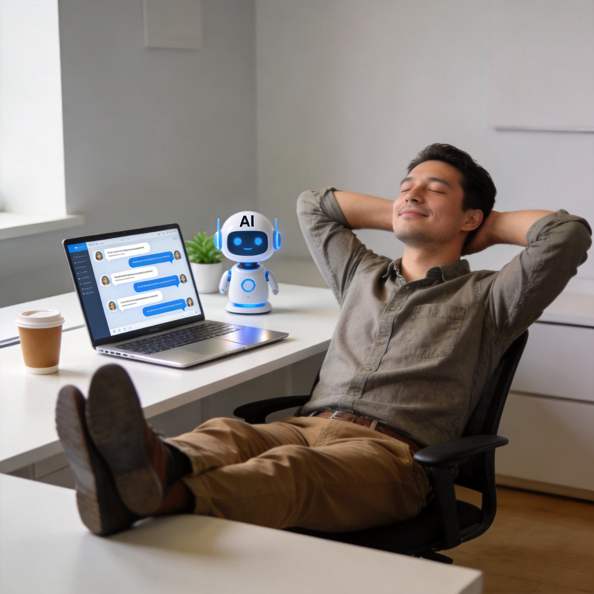 Business owner at desk with laptop showing automated chatbot conversations being resolved