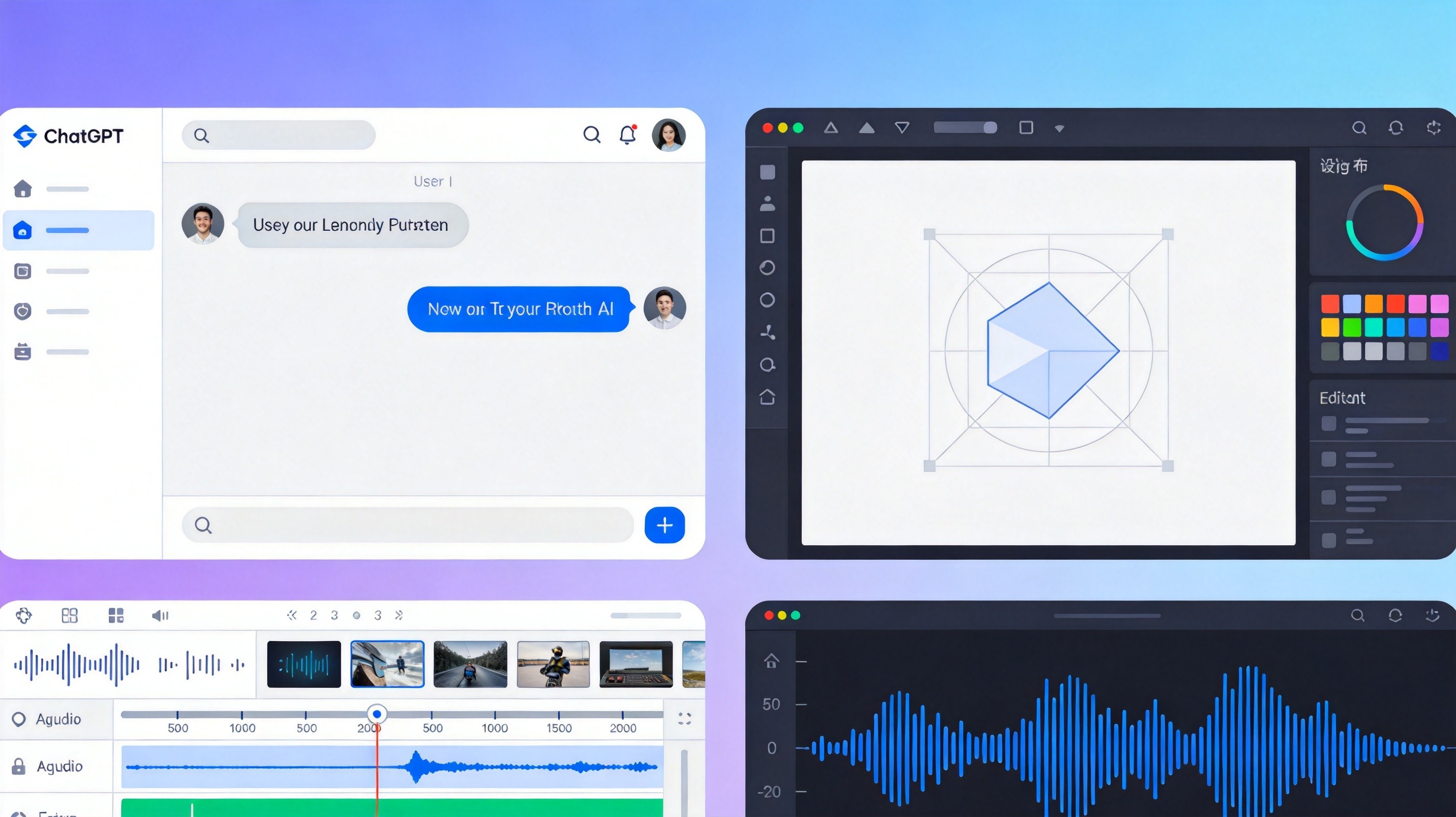 Collage of AI tool interfaces including chat, design, video editing, and voice generation