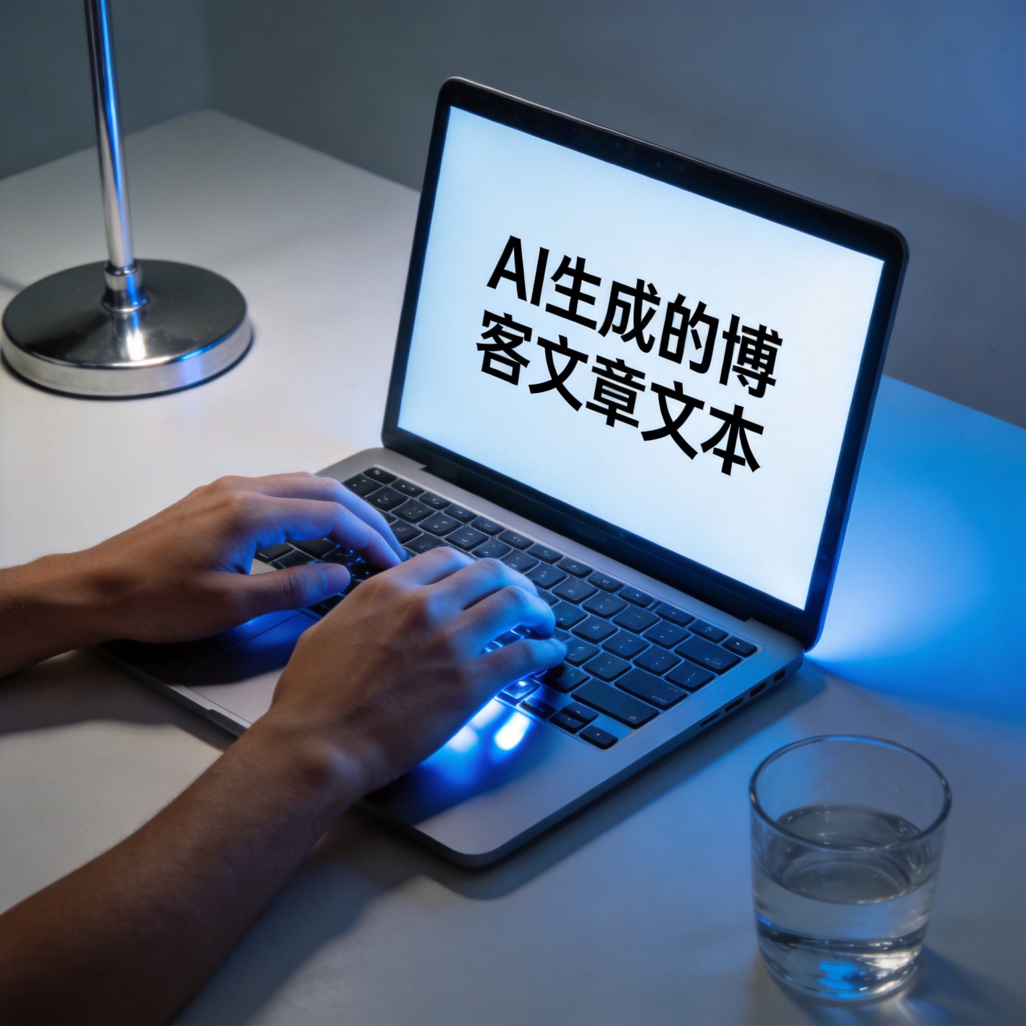 Hands typing on laptop with AI writing tool showing a blog post being written
