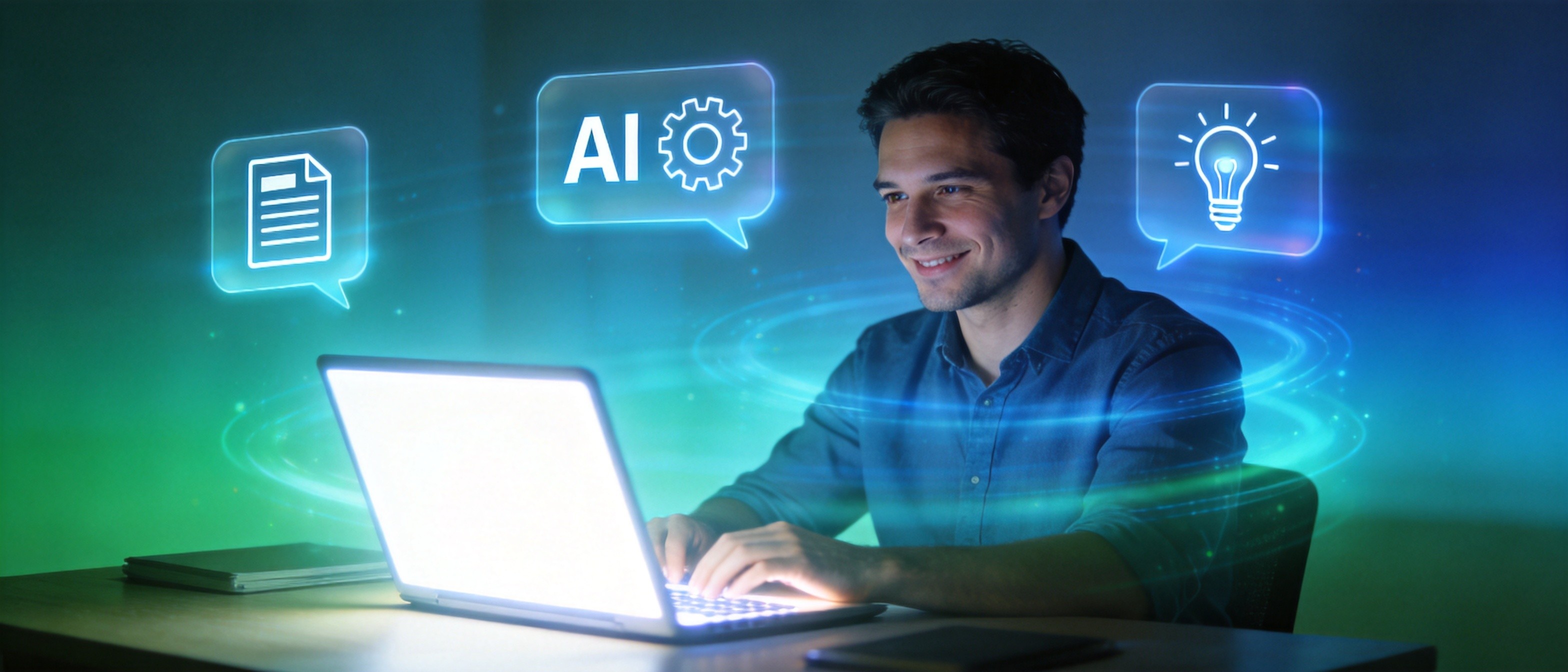 Person working at desk with laptop surrounded by floating AI icons and text bubbles