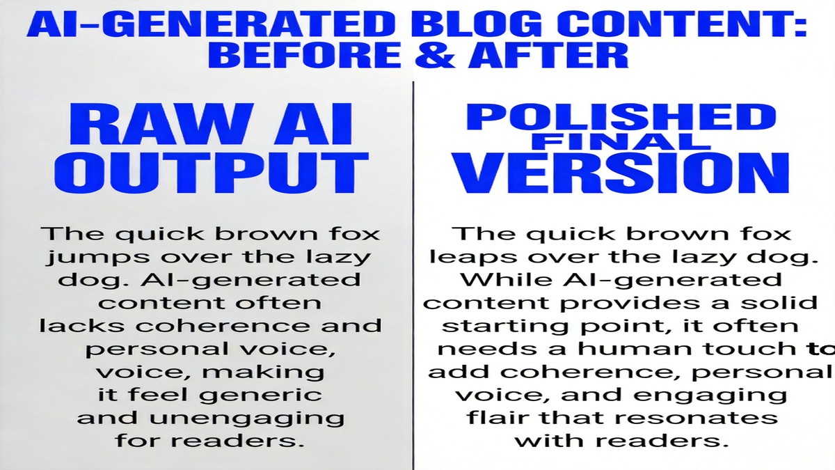 Side-by-side comparison showing Jasper raw AI output on the left with generic phrases highlighted, and the same text after human editing on the right with improved phrasing highlighted