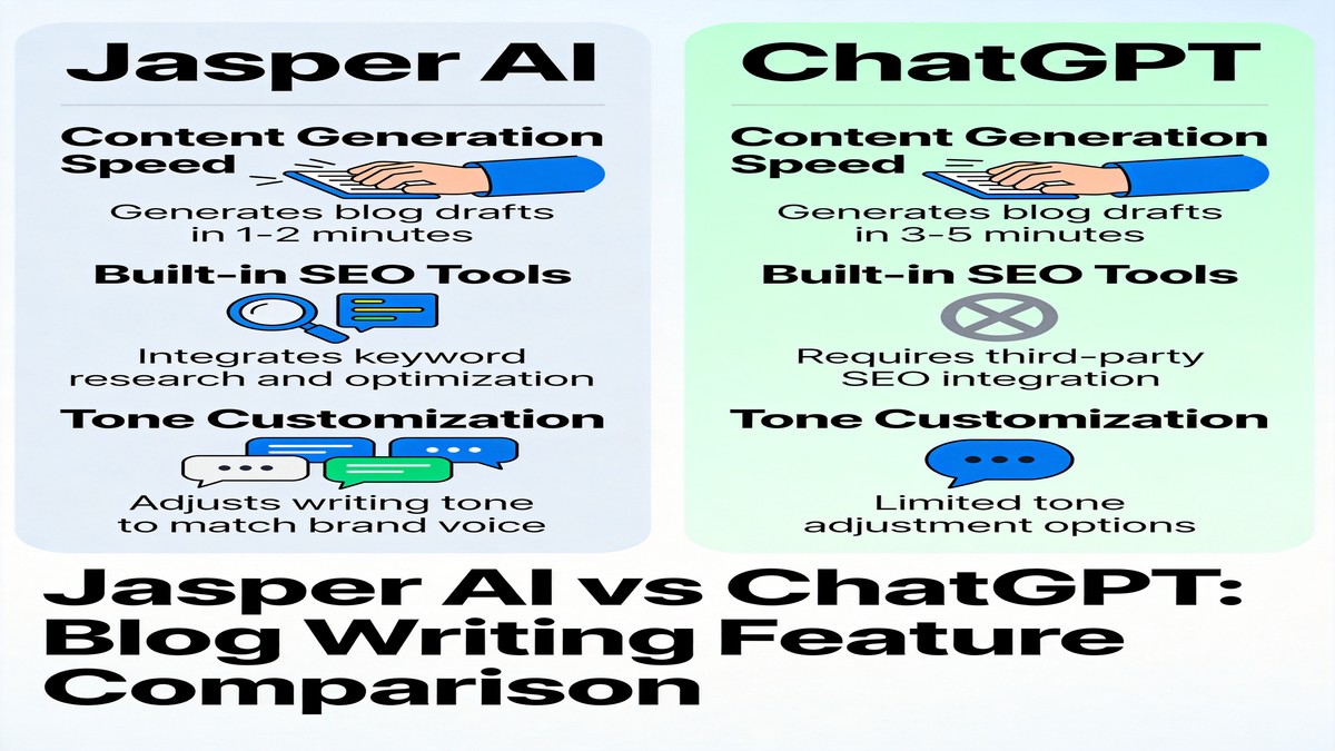 Comparison chart showing Jasper AI versus ChatGPT across multiple dimensions including writing quality, speed, brand voice, pricing, and template variety