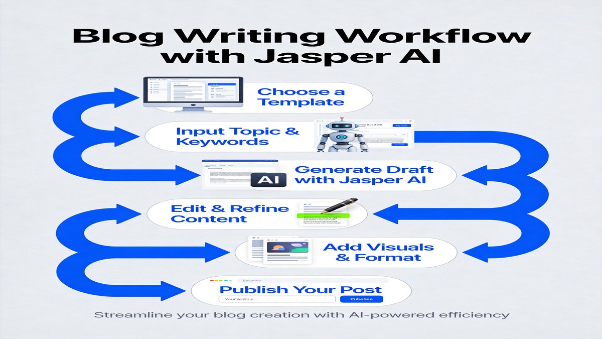 Workflow diagram showing the five-step process for using Jasper AI to write blog posts: choose template, set brand voice, generate outline, write sections, edit and refine